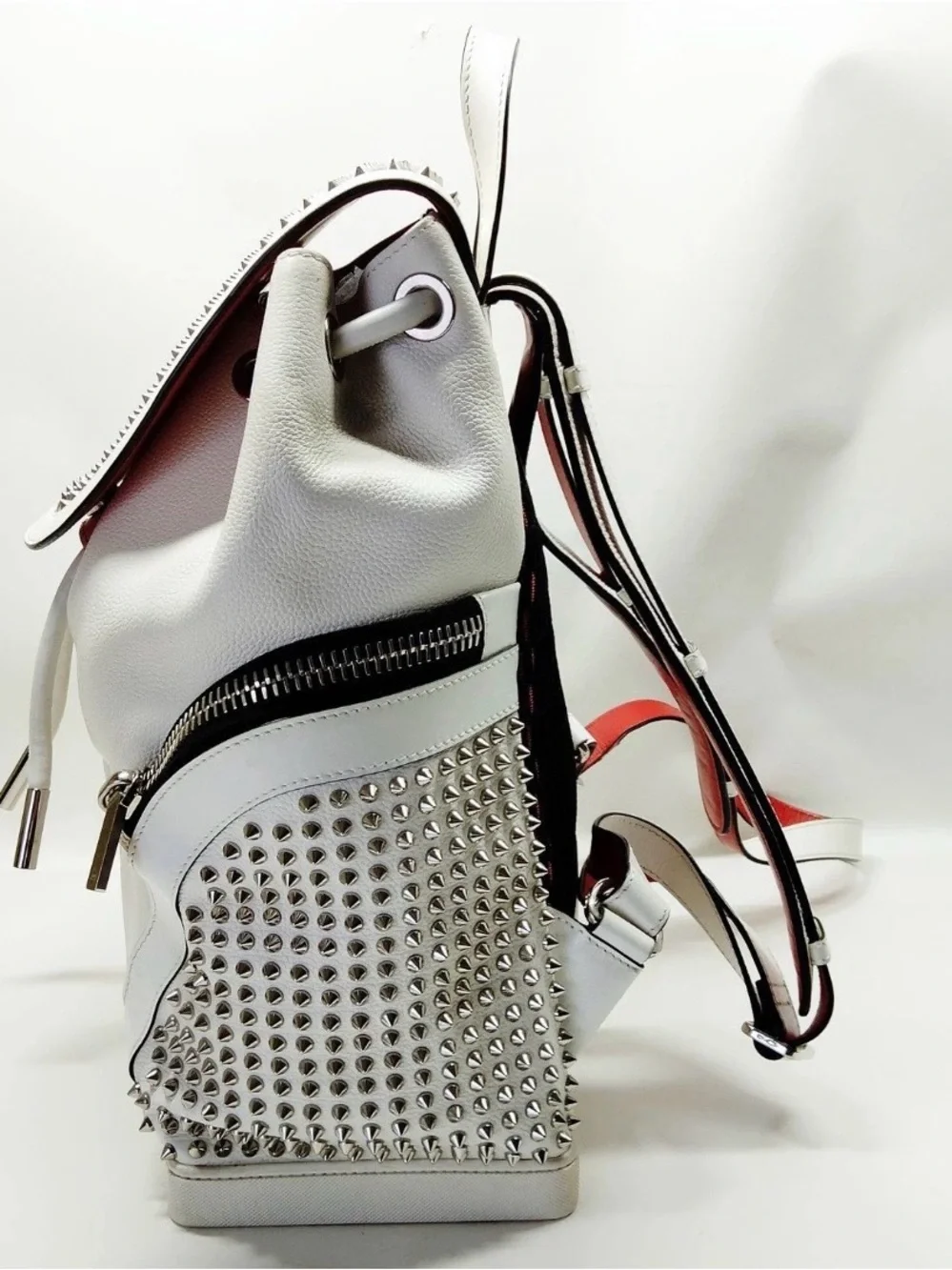 Christian Louboutin White Studded Leather Backpack with Red Trim